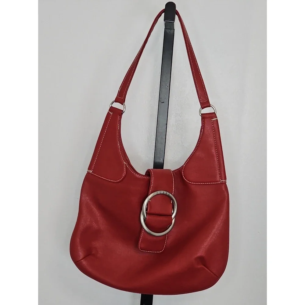 Guess Red Faux Leather Hobo Shoulder Bag with Signature Double Ring Hardware